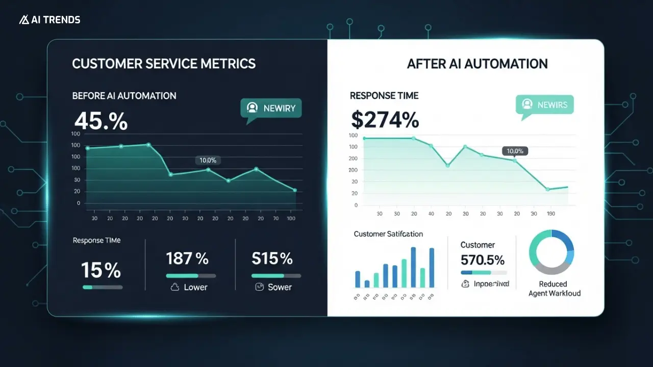 AI Process Automation: Revolutionizing Business Operations in 2025 8 AI-powered customer service dashboard showing metrics and response time improvements after automation implementation.