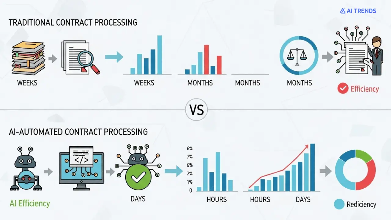 AI Process Automation: Revolutionizing Business Operations in 2025 9 Timeline comparing traditional vs AI-automated contract processing, showcasing significant time savings with automation.