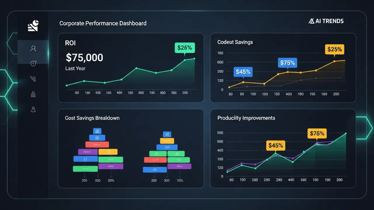 AI Process Automation: Revolutionizing Business Operations in 2025 13 ROI dashboard displaying financial metrics, cost savings breakdown, and productivity improvements over time with trend lines.
